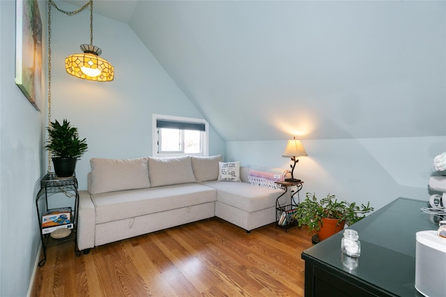 living area featuring vaulted ceiling and wood finished floors