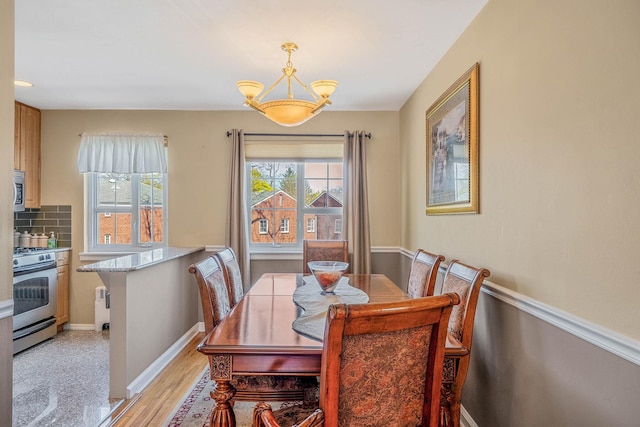 dining room featuring baseboards, a wealth of natural light, and light wood-type flooring