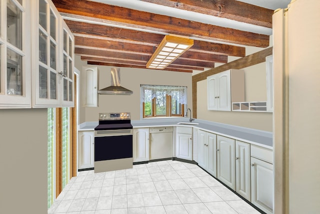 57 River Ave, Cornwall On Hudson, NY 12520 - kitchen featuring wall chimney range hood, stainless steel electric stove, white dishwasher, a sink, and light tile patterned floors