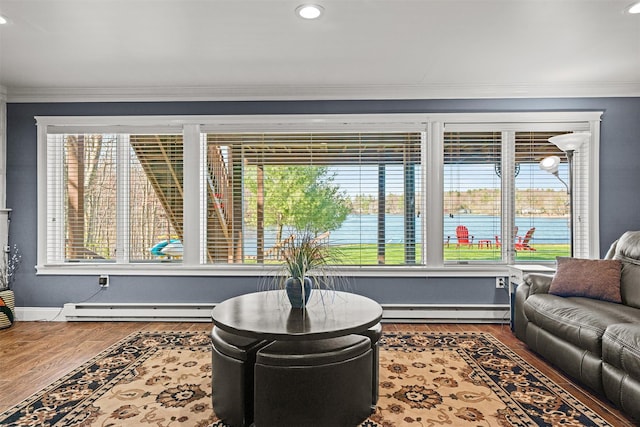 living room featuring a baseboard heating unit, ornamental molding, and wood finished floors