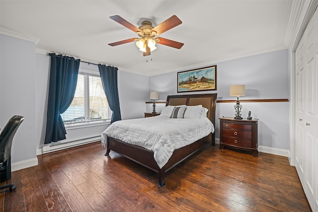 bedroom with wood-type flooring, ornamental molding, and a baseboard radiator