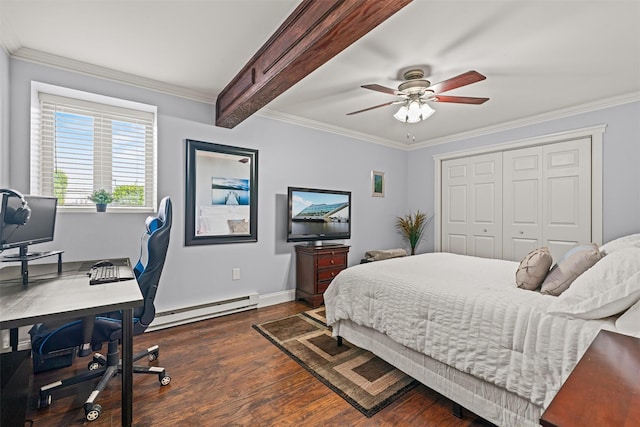 bedroom featuring crown molding, a closet, dark wood-style flooring, baseboards, and baseboard heating
