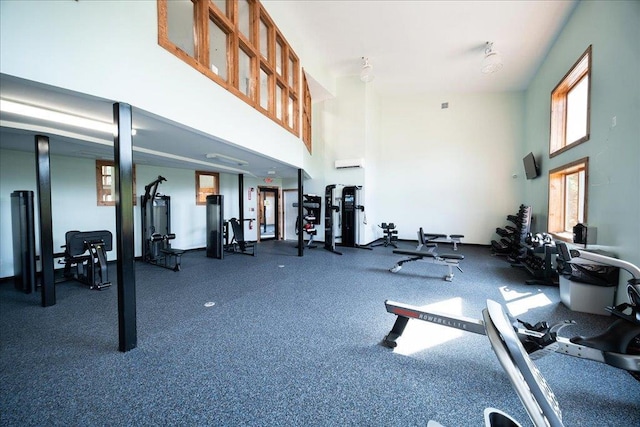 gym with a towering ceiling