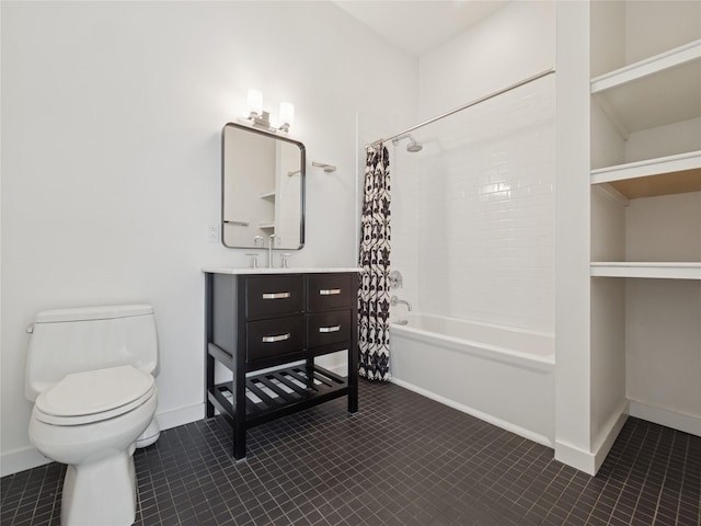 bathroom featuring vanity, tile patterned floors, toilet, baseboards, and shower / tub combo with curtain