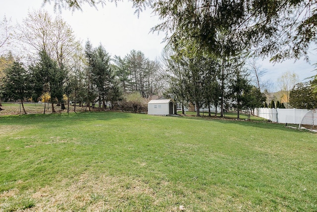 view of yard featuring an outbuilding, a storage unit, and fence