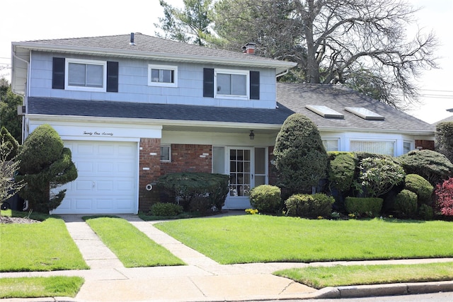 view of front of house with a garage, brick siding, a shingled roof, and a front yard
