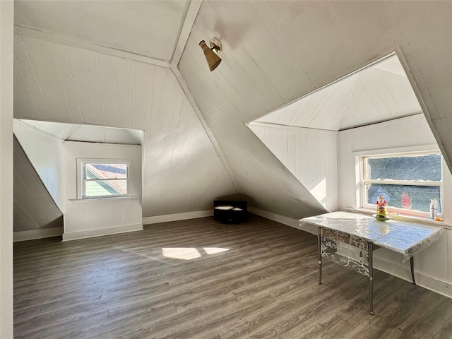 bonus room featuring wooden walls, lofted ceiling, and wood finished floors