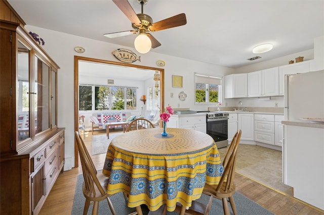 dining room featuring a ceiling fan, visible vents, and light wood-style flooring