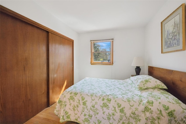 bedroom with wood finished floors and a closet