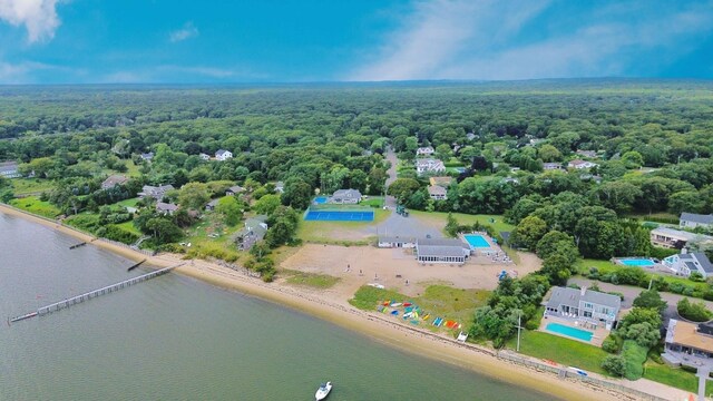 bird's eye view with a water view and a wooded view