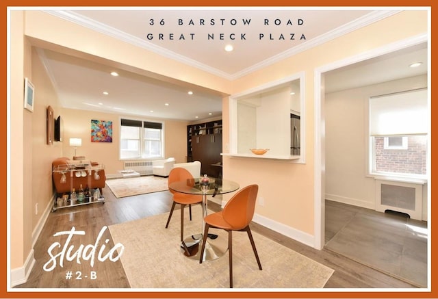 36 Barstow Unit 2-B, Great Neck, NY 11021 - dining room featuring recessed lighting, ornamental molding, wood finished floors, and radiator