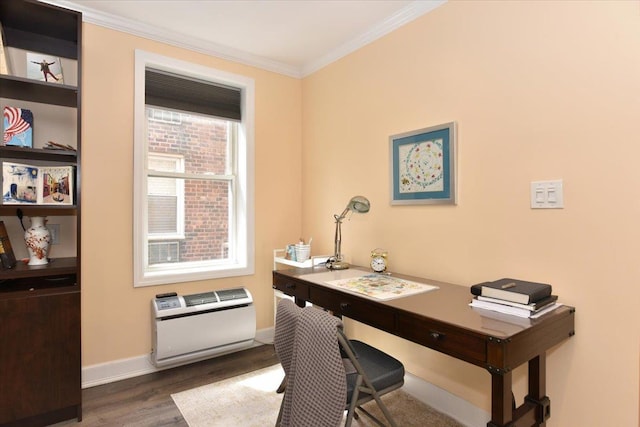 36 Barstow Unit 2-B, Great Neck, NY 11021 - office area with baseboards, ornamental molding, heating unit, and dark wood-style flooring