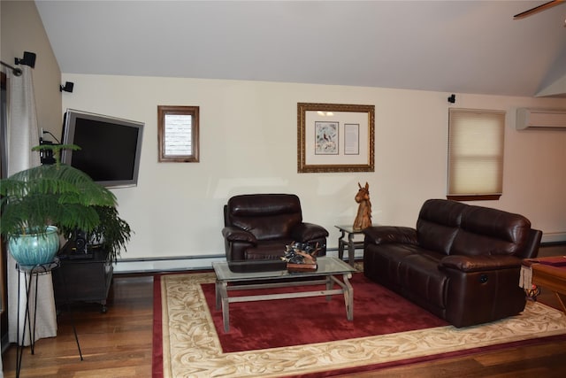 living area featuring wood finished floors, lofted ceiling, baseboard heating, a wall unit AC, and a baseboard radiator