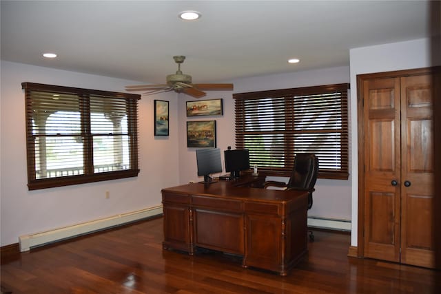 office featuring a baseboard radiator, ceiling fan, a baseboard heating unit, and a wealth of natural light