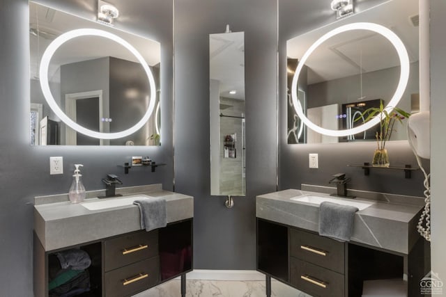67 Latham Cir, Saugerties, NY 12477 - full bath with two vanities, baseboards, marble finish floor, and a sink