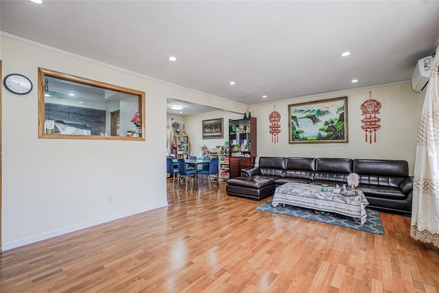 366 Neal Dow Ave, Staten Island, NY 10314 - living room with ornamental molding, recessed lighting, wood finished floors, a wall mounted AC, and baseboards