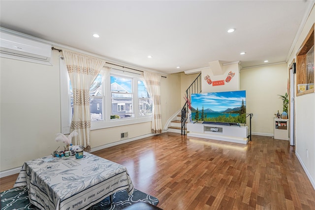 366 Neal Dow Ave, Staten Island, NY 10314 - living area featuring wood finished floors, stairs, an AC wall unit, recessed lighting, and baseboards