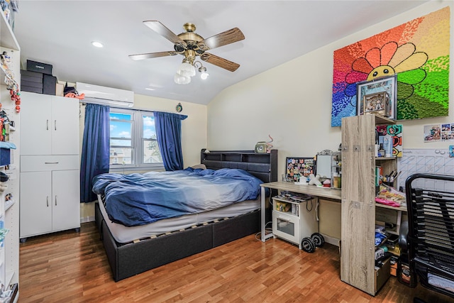 366 Neal Dow Ave, Staten Island, NY 10314 - bedroom featuring a wall unit AC, wood finished floors, recessed lighting, ceiling fan, and vaulted ceiling