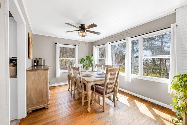 dining room featuring baseboards, ceiling fan, light wood-style flooring, and plenty of natural light