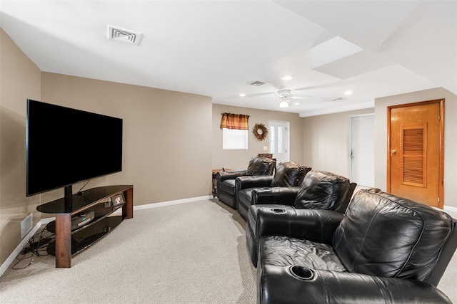 carpeted living area featuring baseboards, visible vents, ceiling fan, and recessed lighting