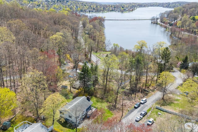 drone / aerial view featuring a water view and a view of trees