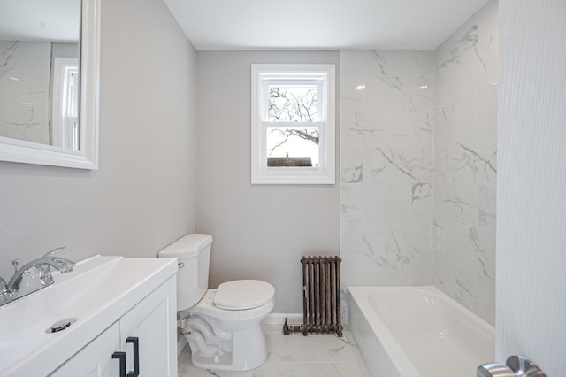 full bathroom with radiator, vanity, toilet, marble finish floor, and  shower combination