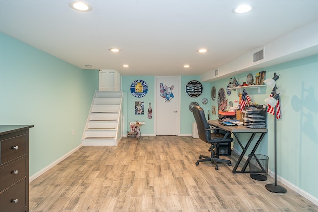 office with recessed lighting, light wood-style flooring, and baseboards