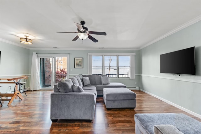 110 Gedney St, Nyack, NY 10960 - living room with ornamental molding, dark wood-style floors, a ceiling fan, and a baseboard radiator