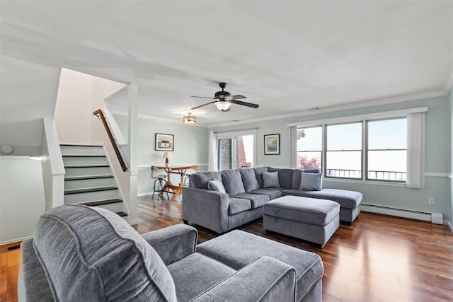 110 Gedney St, Nyack, NY 10960 - living area featuring a baseboard radiator, stairs, crown molding, hardwood / wood-style floors, and a ceiling fan
