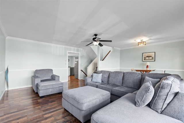 110 Gedney St, Nyack, NY 10960 - living area featuring dark wood-style floors, ornamental molding, stairs, and ceiling fan