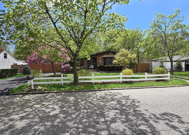 view of property hidden behind natural elements with fence private yard and a front lawn