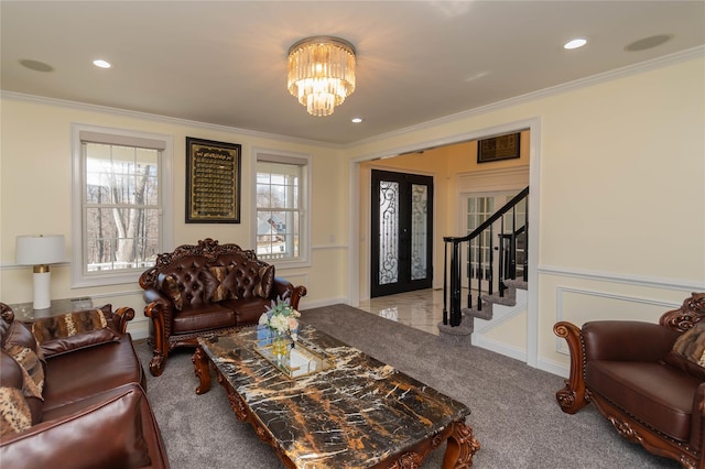 13 Orr-Hatch Dr, Cornwall, NY 12518 - living area with crown molding, a chandelier, carpet floors, and stairs