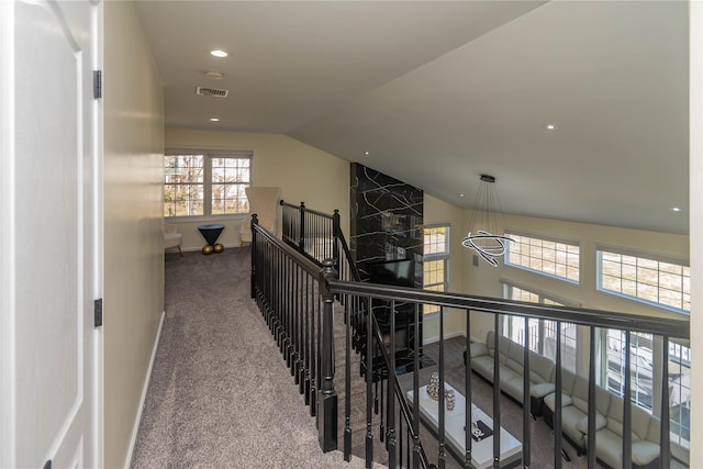 13 Orr-Hatch Dr, Cornwall, NY 12518 - hall with an upstairs landing, carpet flooring, baseboards, vaulted ceiling, and recessed lighting