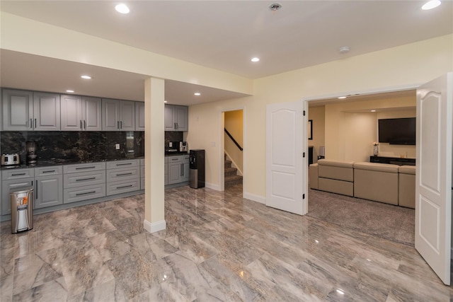 13 Orr-Hatch Dr, Cornwall, NY 12518 - kitchen featuring gray cabinets, decorative backsplash, recessed lighting, dark countertops, and baseboards