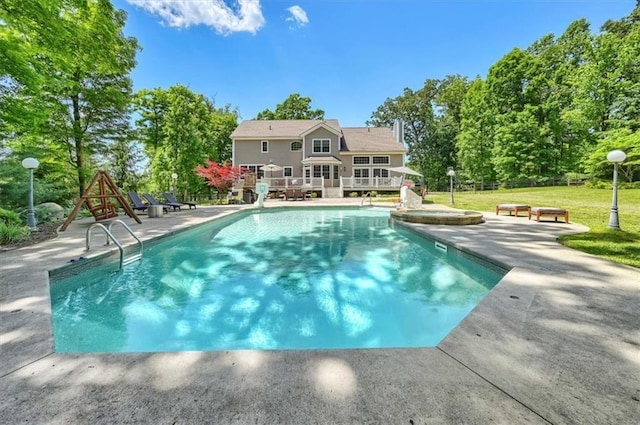 13 Orr-Hatch Dr, Cornwall, NY 12518 - view of swimming pool featuring a wooden deck, a pool with connected hot tub, a yard, and a patio