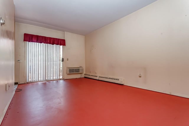 unfurnished room featuring concrete floors, baseboard heating, and a wall mounted air conditioner