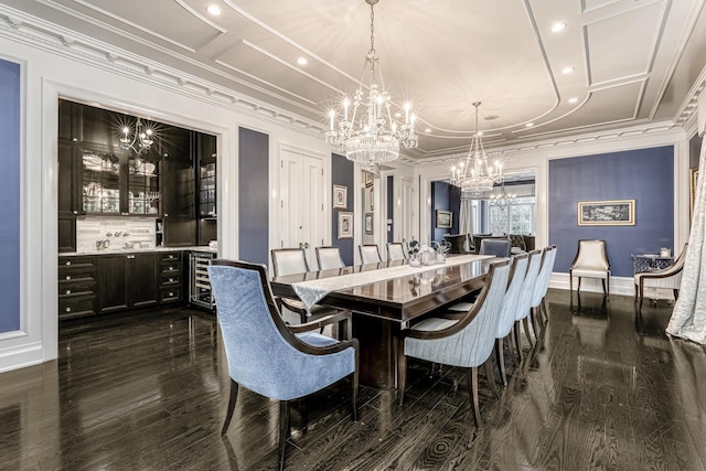 dining area with crown molding, beverage cooler, dark wood-style floors, recessed lighting, and a notable chandelier