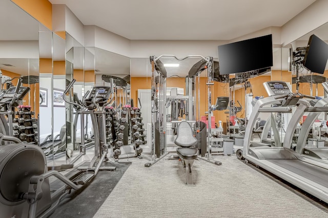 workout area with carpet flooring