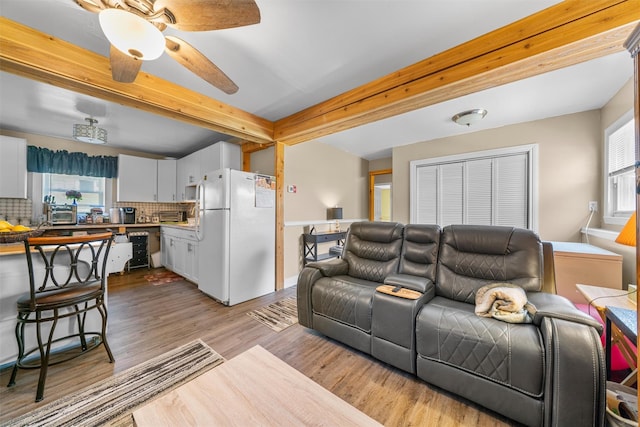 living area featuring beam ceiling, ceiling fan, plenty of natural light, and light wood-style flooring
