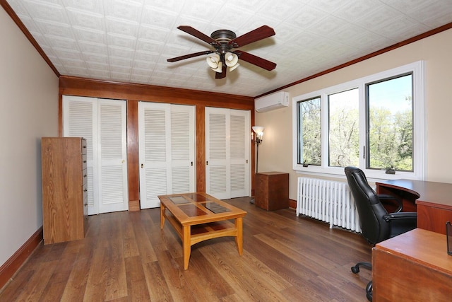 85 S Harrison Ave, Congers, NY 10920 - office area with ceiling fan, crown molding, a wall mounted air conditioner, wood finished floors, and radiator