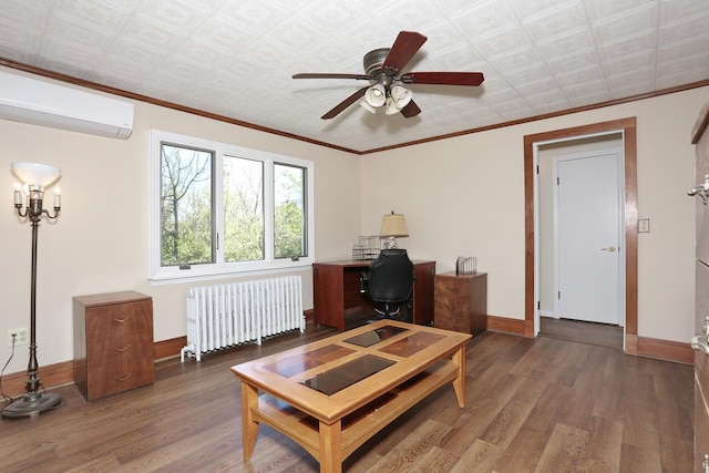 85 S Harrison Ave, Congers, NY 10920 - office featuring a wall unit AC, a ceiling fan, wood finished floors, baseboards, and radiator