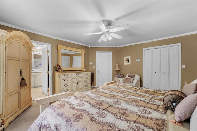 bedroom featuring light colored carpet, ensuite bath, a ceiling fan, ornamental molding, and a closet