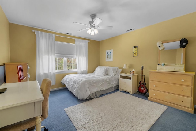 bedroom with carpet flooring, ceiling fan, and visible vents