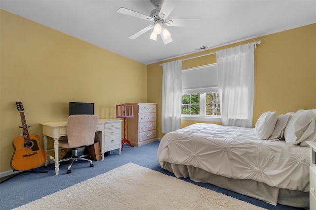 bedroom featuring baseboards, ceiling fan, carpet, and visible vents