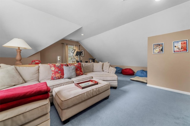 living area featuring recessed lighting, baseboards, lofted ceiling, and carpet
