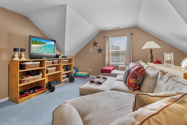 carpeted living area featuring baseboards, visible vents, and lofted ceiling