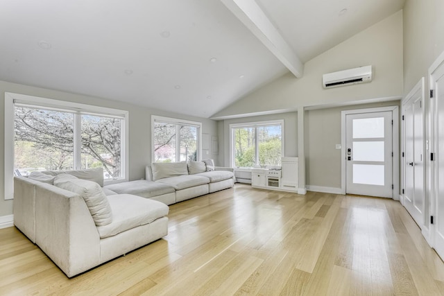 living area with beamed ceiling, a baseboard heating unit, high vaulted ceiling, light wood-type flooring, and an AC wall unit