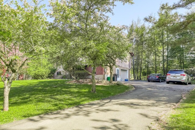 view of property hidden behind natural elements featuring aphalt driveway, a front lawn, and an attached garage