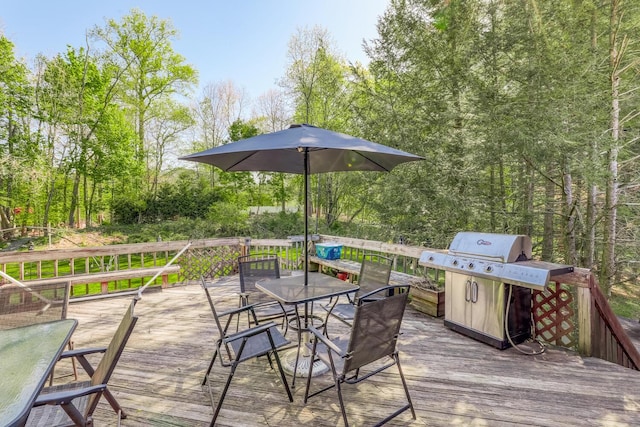 deck with outdoor dining area and area for grilling