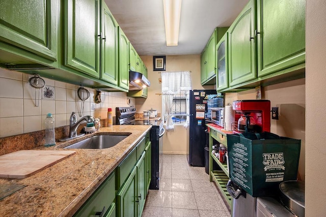 26-18 92nd St, East Elmhurst, NY 11369 - kitchen with electric range oven, a sink, green cabinetry, backsplash, and range hood